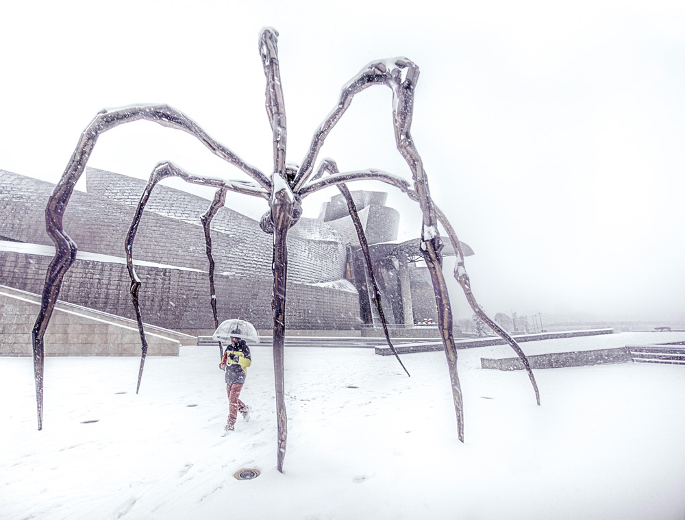 No podía perder la ocasión de contemplar a Mamá, la Araña de Bourgeois, cuan depredadora parecía atrapar a todos los paseantes que se abrían paso entre la nevada. Esta escultura gigantesca se sostiene majestuosa sobre unas patas que semejan arcos góticos y que funcionan al mismo tiempo como jaula y como guarida protectora de una bolsa llena de huevos. La araña provoca un cierto miedo debido a su gran altura, aunque la fragilidad de sus patas nos transmite una cierta vulnerabilidad casi conmovedora. La dicotomía entre fortaleza y fragilidad ponen de manifiesto los valores de la maternidad.