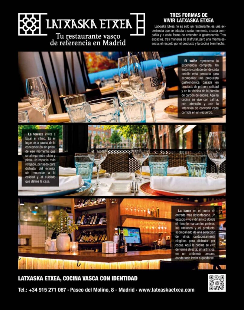 Interior del restaurante Latxaska Etxea en Madrid con mesas y copas