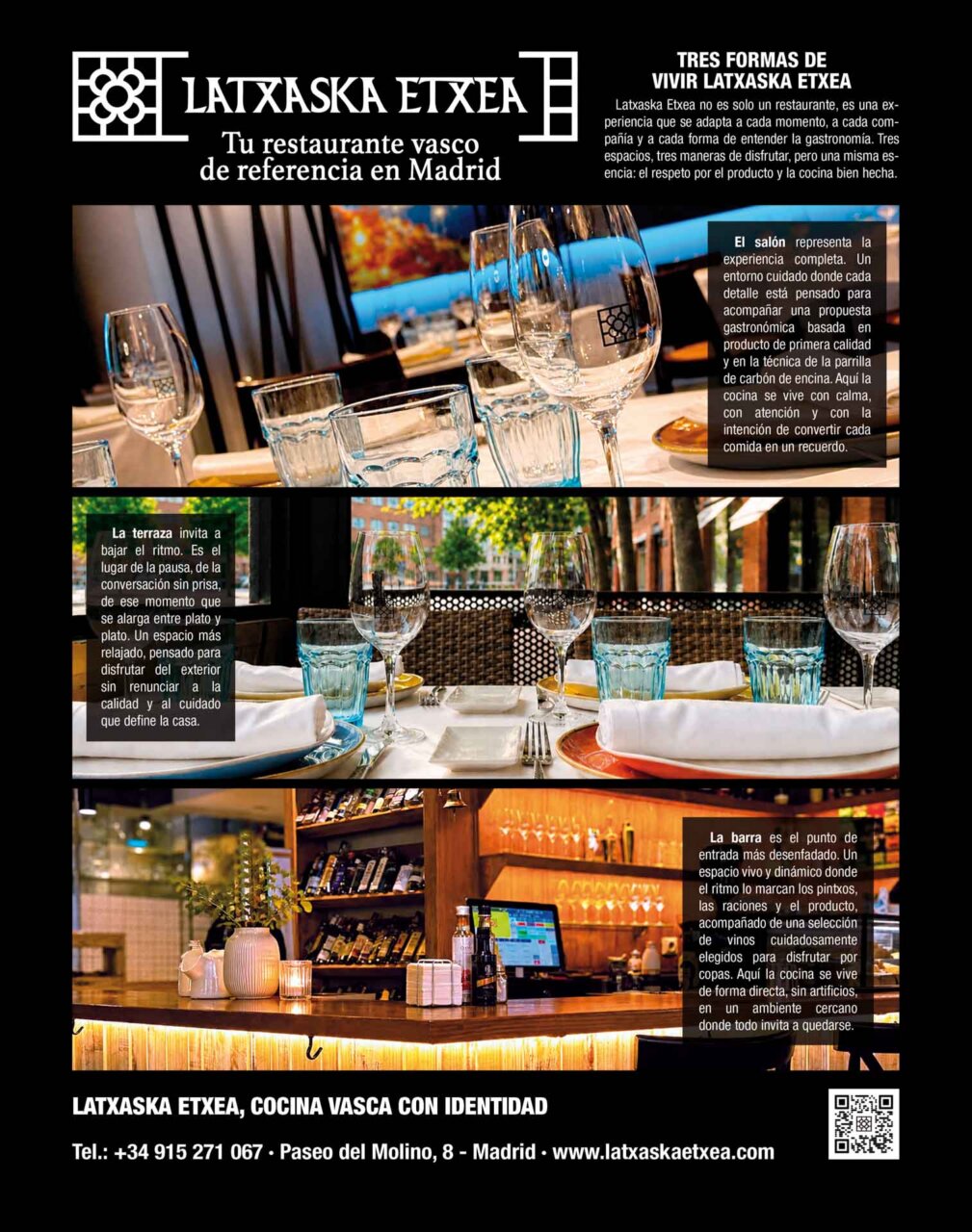 Interior del restaurante Latxaska Etxea en Madrid con mesas y copas