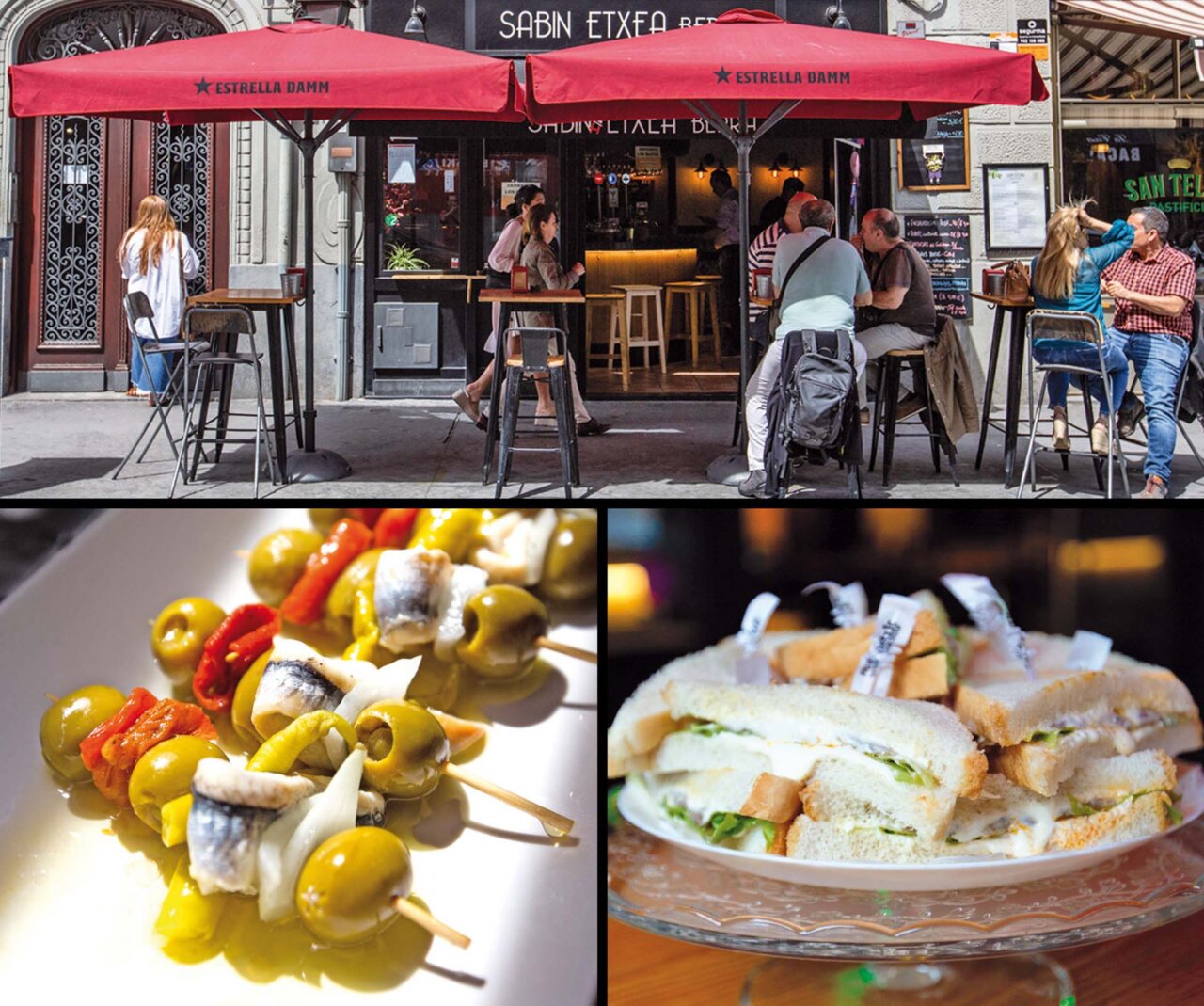 Exterior del Sabin Etxea con clientes disfrutando de pintxos