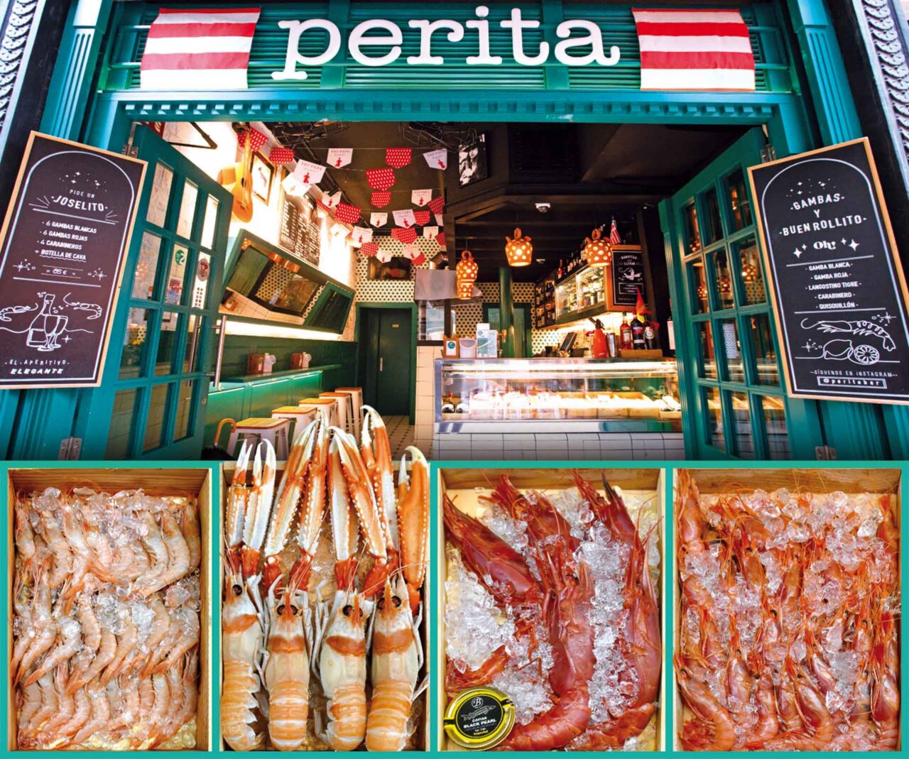 Entrada del bar Perita en Bilbao con mariscos frescos