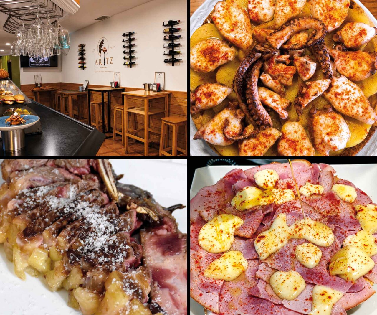 Ambiente acogedor del restaurante Aritz con platos variados y barra de pintxos