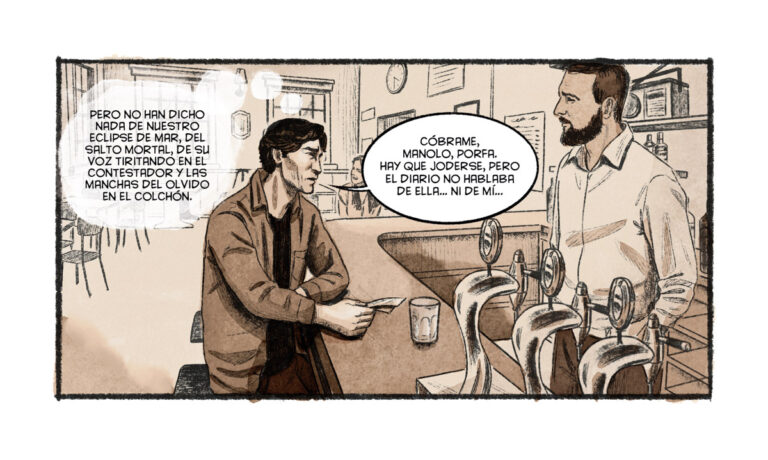 Viñeta del cómic sobre Joaquín Sabina mostrando a dos personajes en un bar.