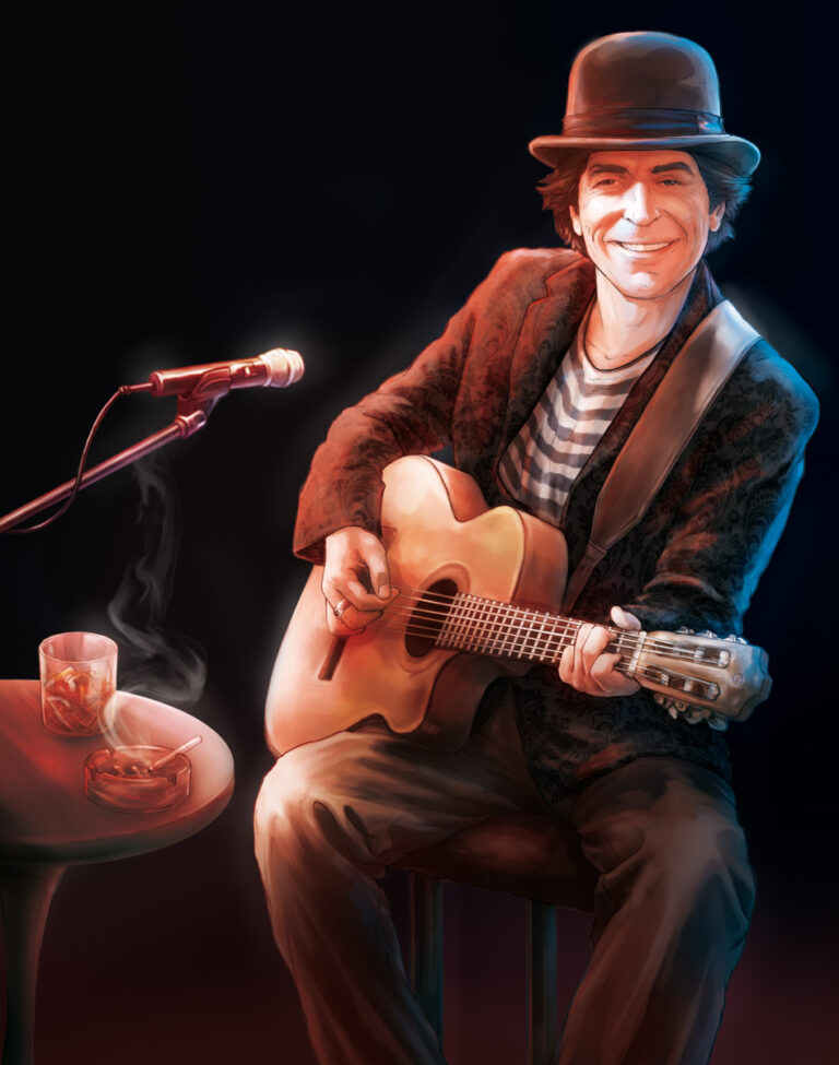 Ilustración de Joaquín Sabina tocando la guitarra en un escenario