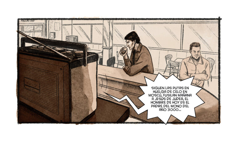 Ilustración de Joaquín Sabina en un bar con radio