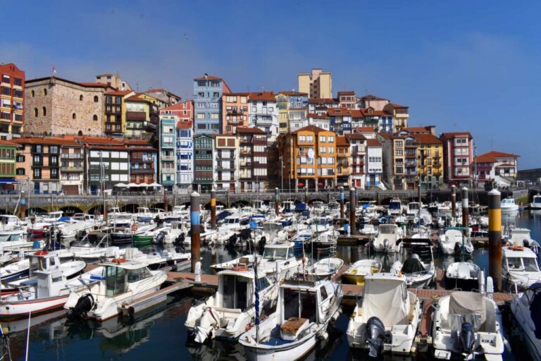 Vista del puerto pesquero de Bermeo con barcos y casas coloridas. ©Jon Benito