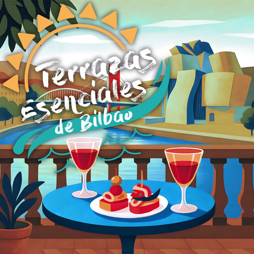 Mesa con pintxos y copas en una terraza de Bilbao