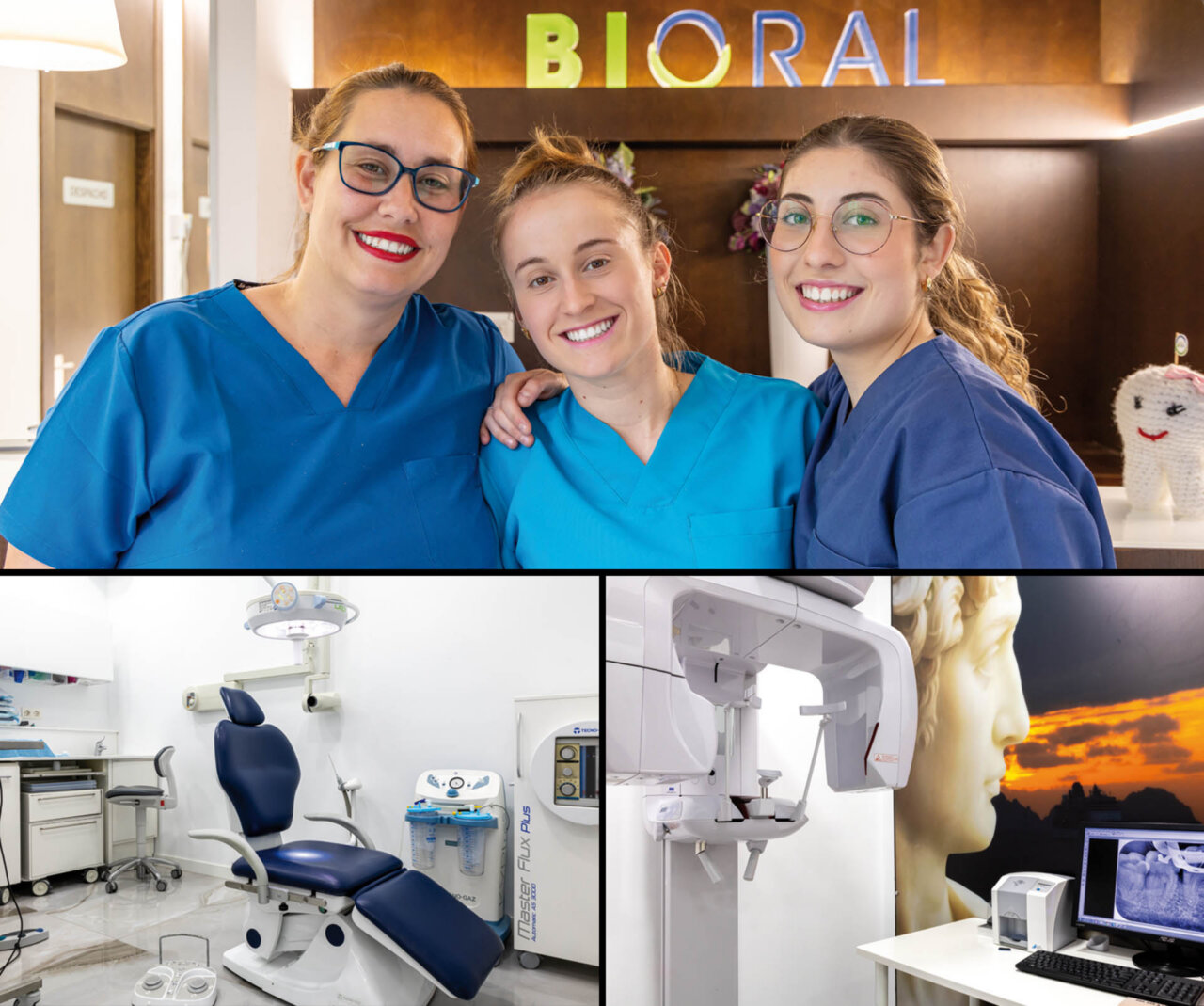 Equipo dental en la clínica Bioral en Bilbao con pacientes sonrientes