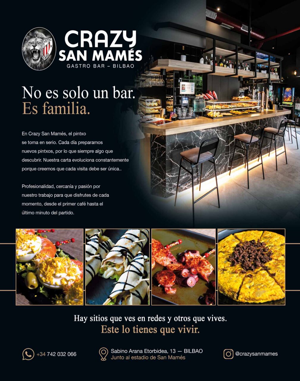 Interior del gastro bar Crazy San Mamés en Bilbao con platos y barra.