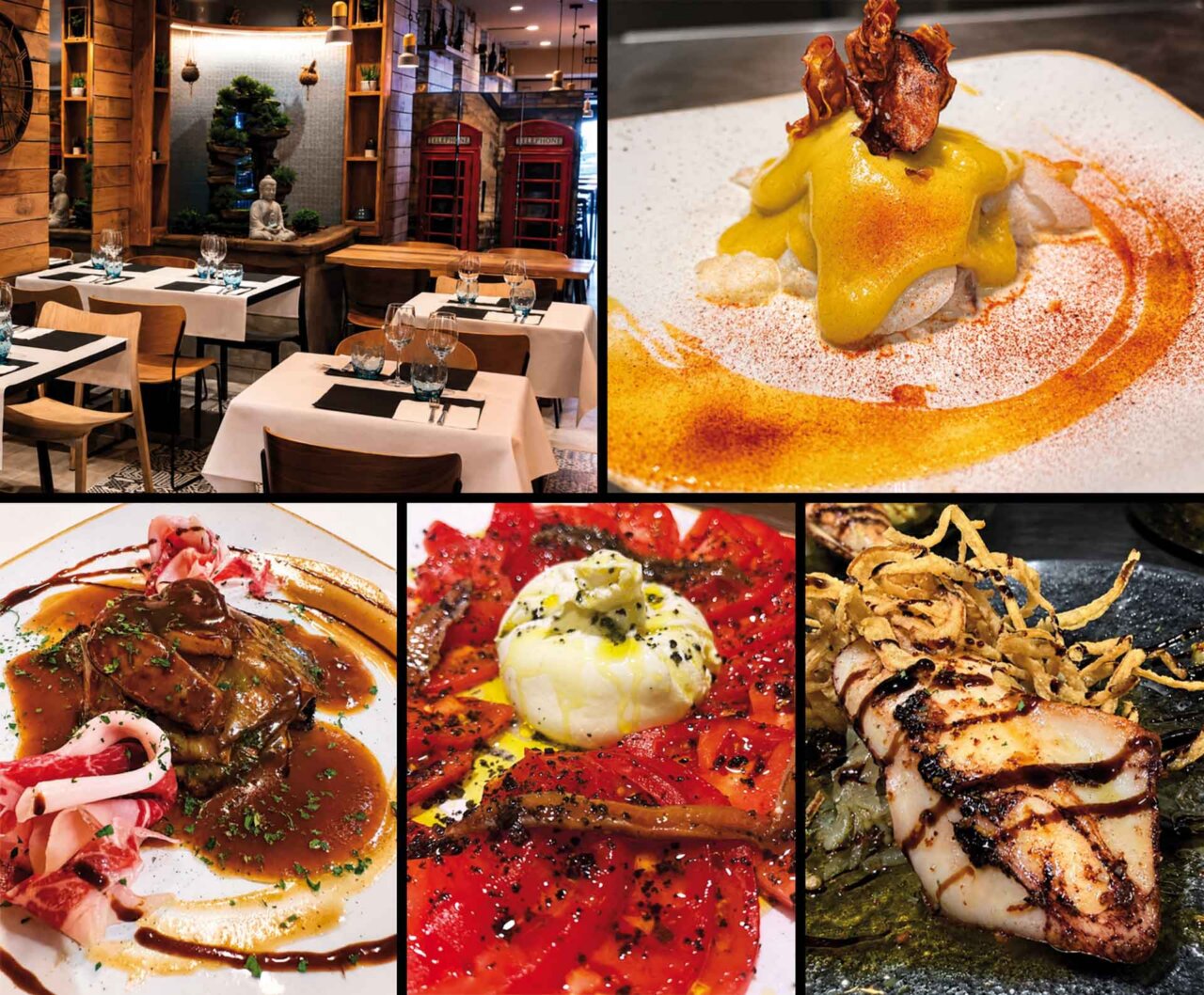 Platos variados de un restaurante con decoración moderna y acogedora.