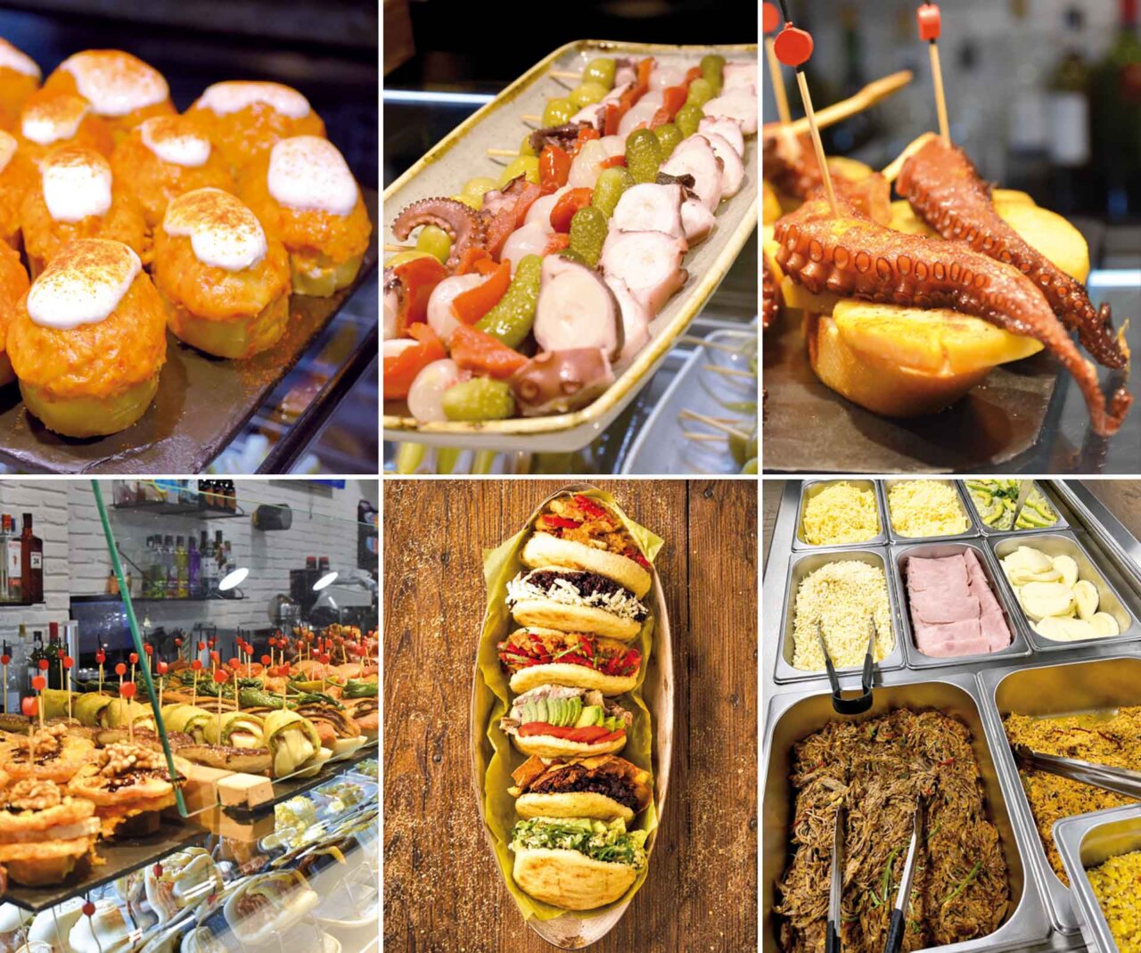 Variedad de pintxos y platos en el bar Okela en Bilbao