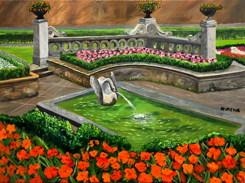 Pintura de un jardín con flores y una fuente en el centro.