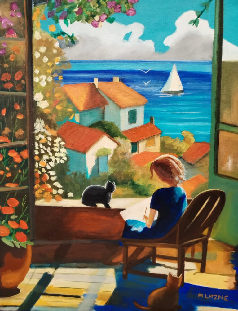 Pintura de Alazne Mantxa con una mujer y gatos en un paisaje costero