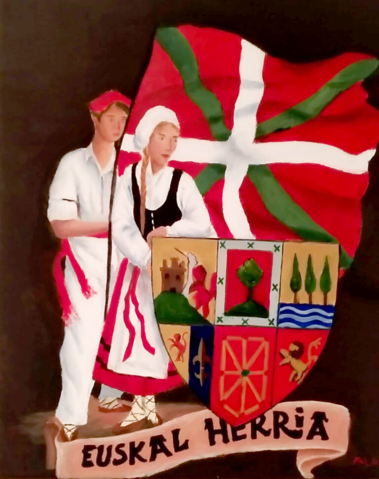 Pintura de Alazne Mantxa con personajes vascos y bandera