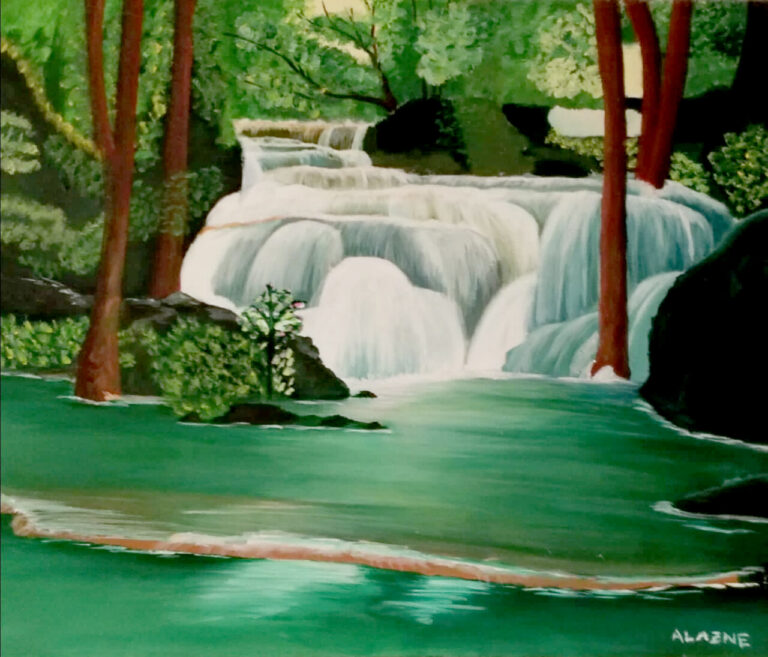 Pintura de una cascada rodeada de vegetación y árboles