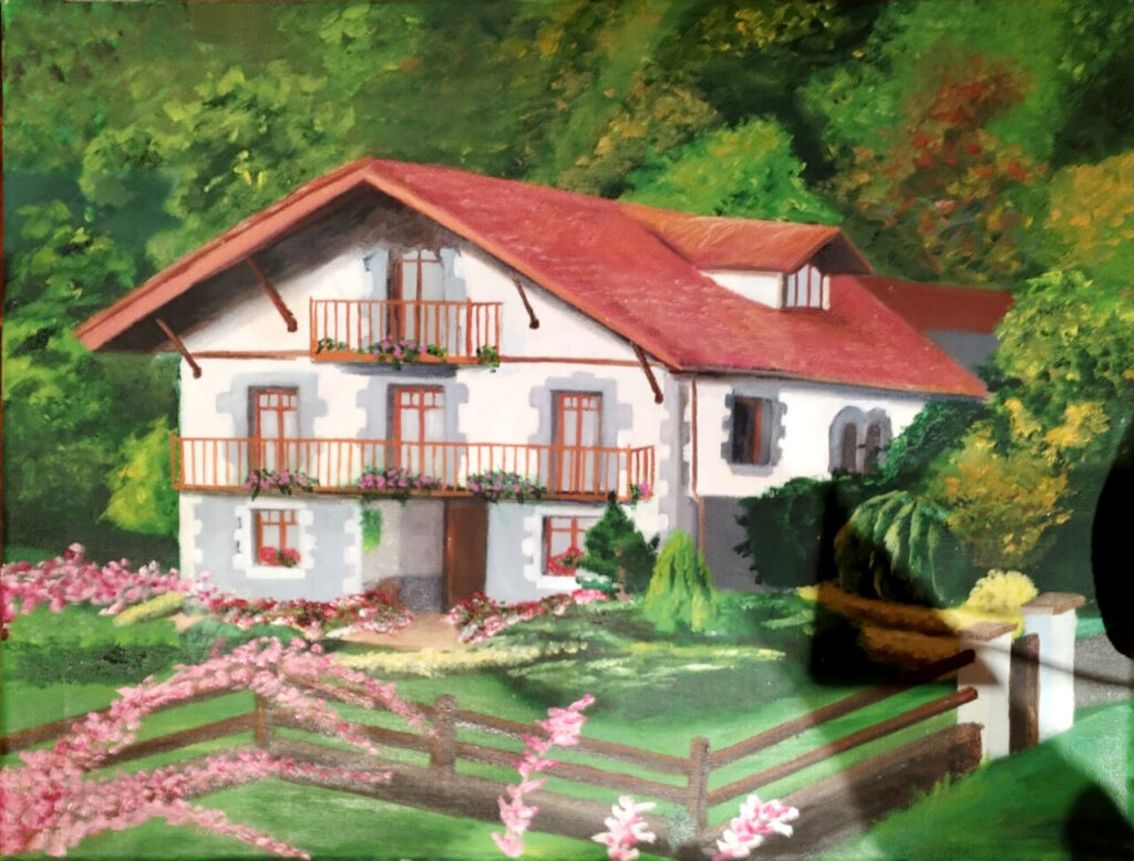 Pintura de un caserío rodeado de flores y naturaleza verde