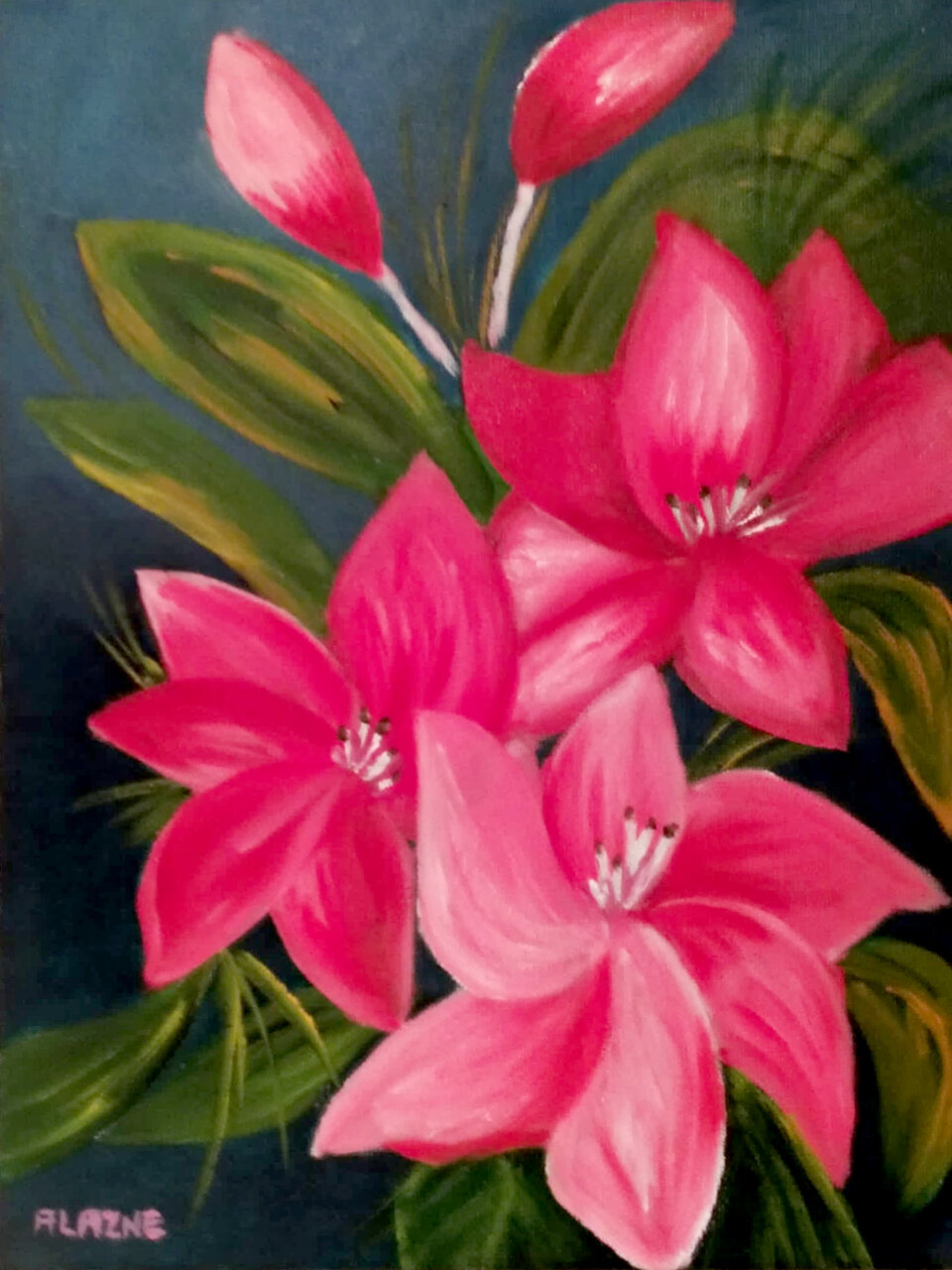 Pintura al óleo de flores rosas sobre fondo oscuro