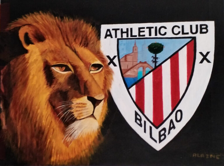Pintura de un león junto al escudo del Athletic Club de Bilbao