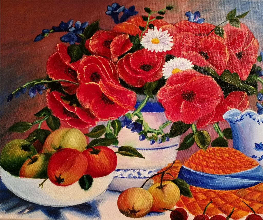 Pintura de flores rojas y frutas en una mesa