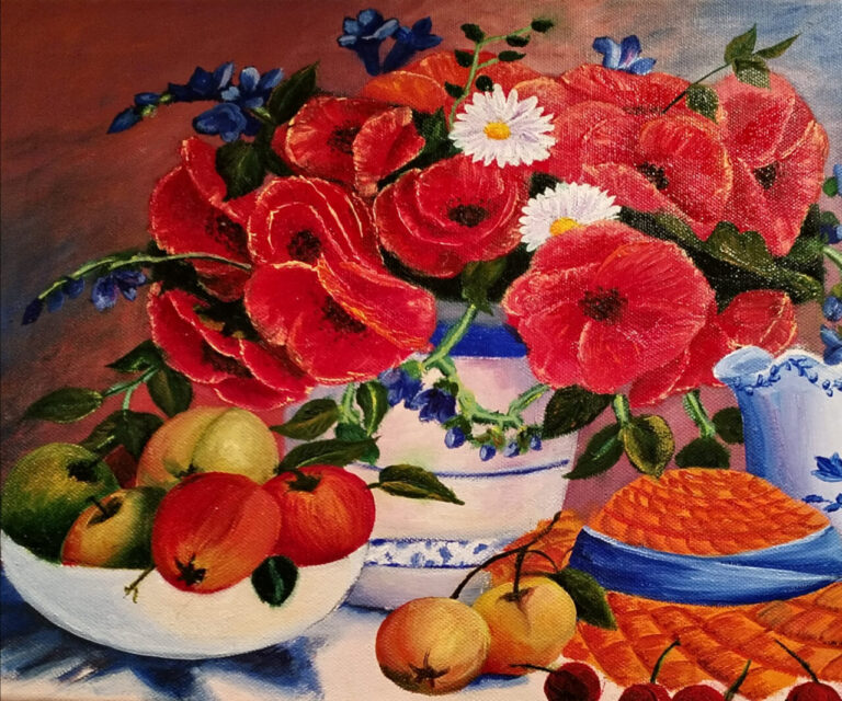 Pintura de flores rojas y frutas en una mesa