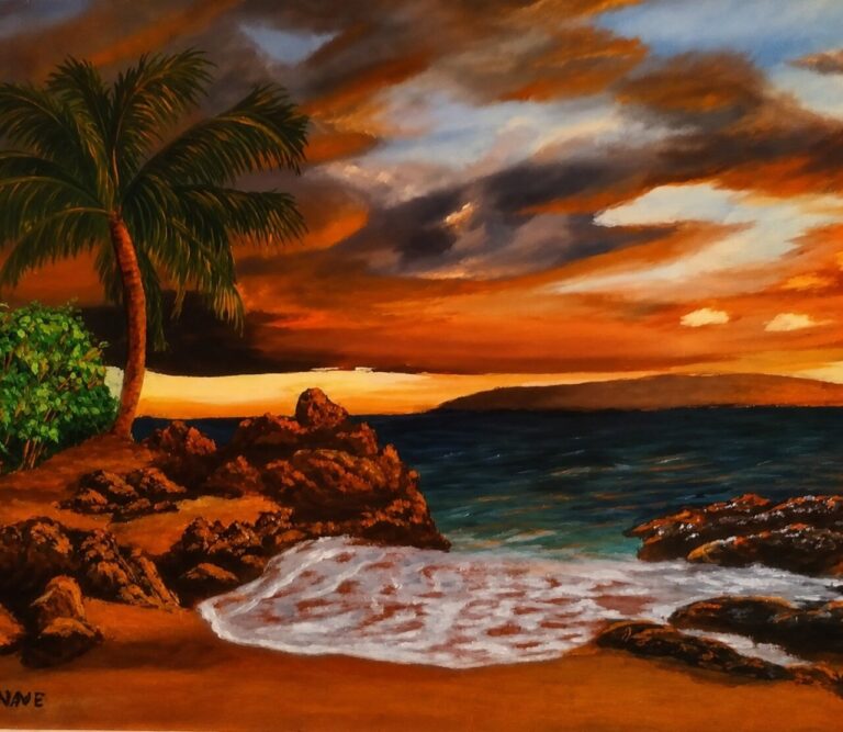 Pintura de un paisaje costero al atardecer con palmera