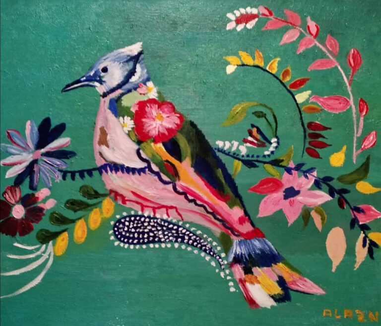 Pintura colorida de un pájaro rodeado de flores y hojas